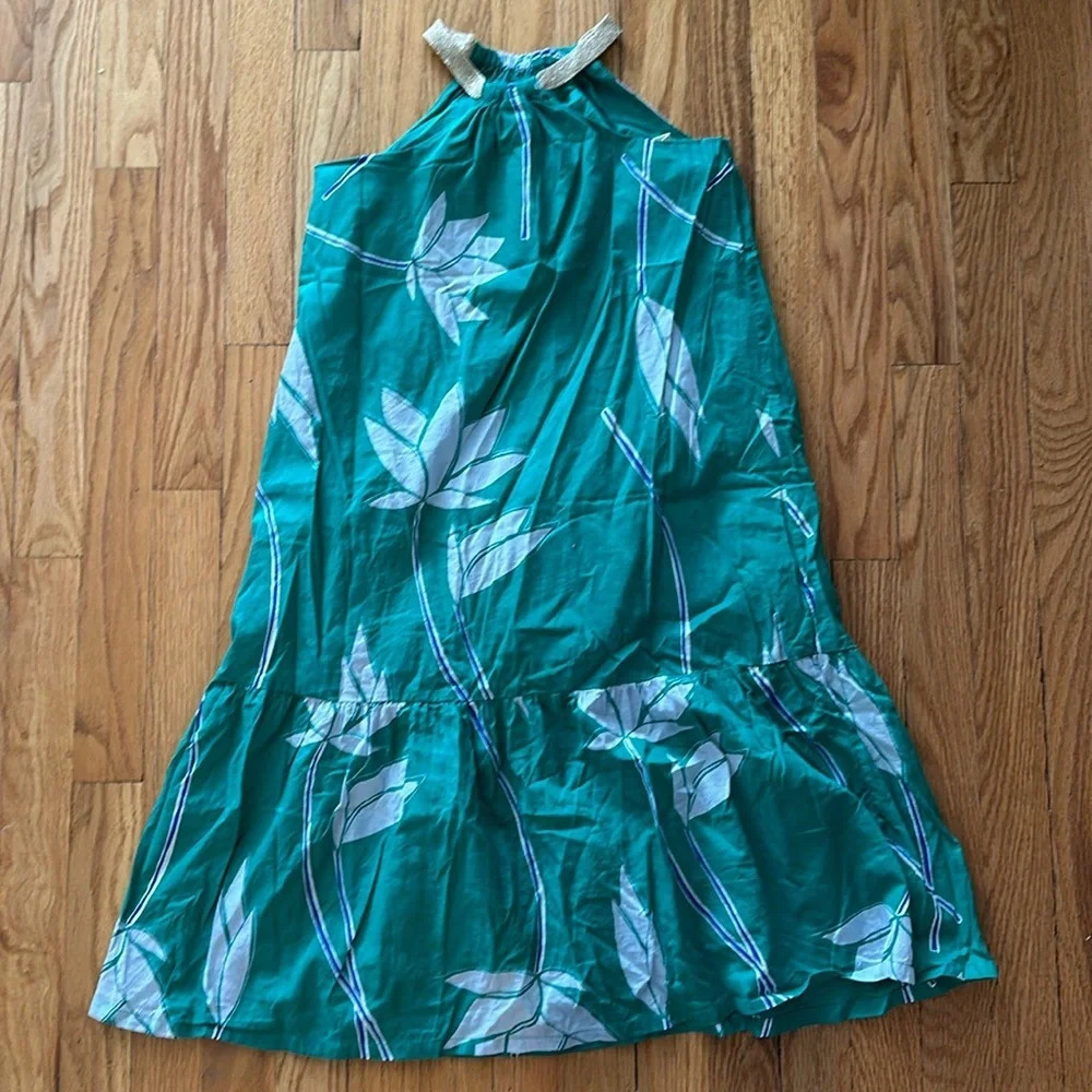 Tea Colleftion sz 10 maxi dress leaves pattern blue green great pre owned cotton - Picture 4 of 6